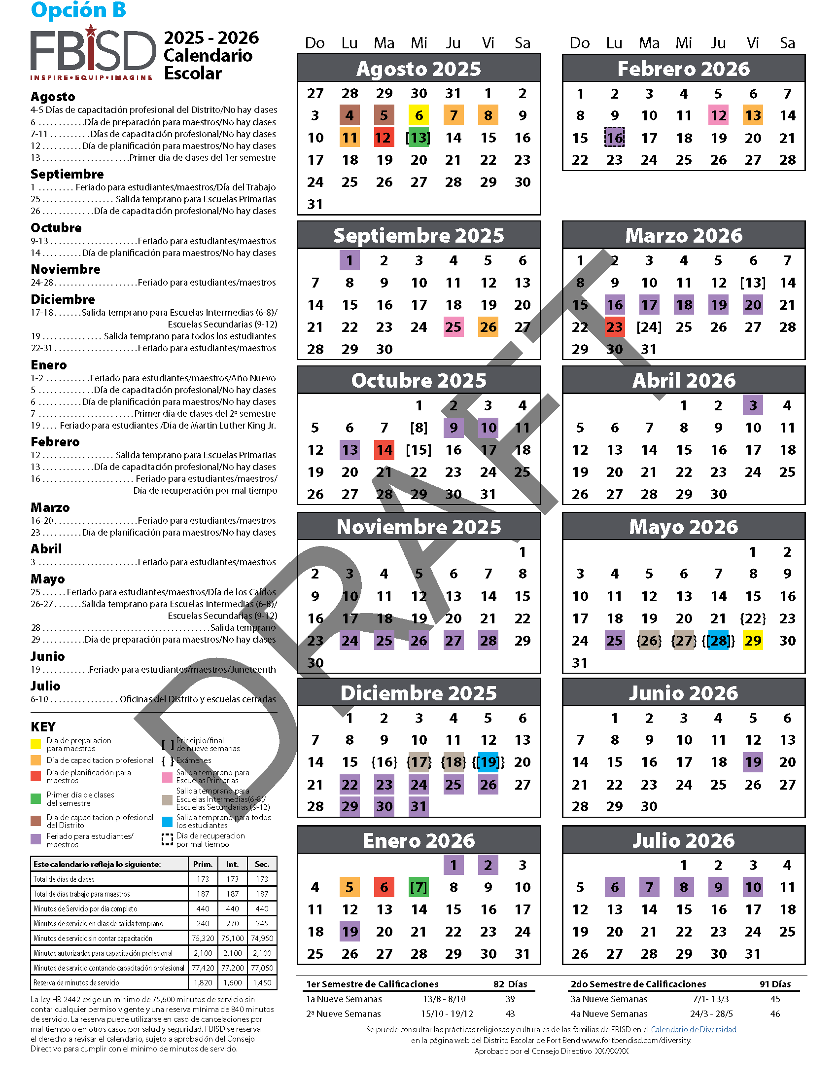 2025-2026 Instruction Calendar Option B in Spanish